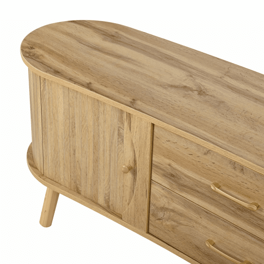 Móvel de TV oval - com portas de correr e gavetas, relevo com linhas verticais, pés em madeira maciça, estilo escandinavo moderno - natural
