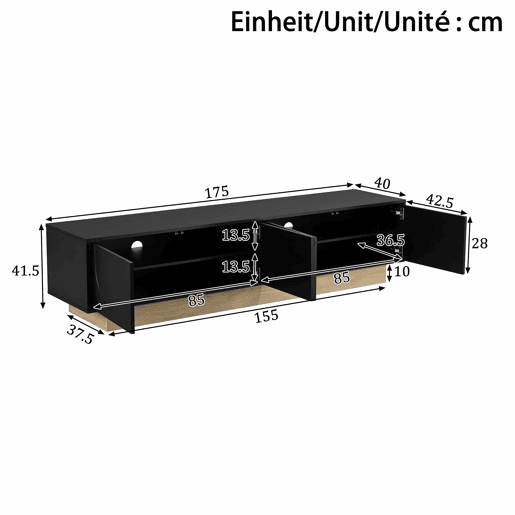 Móvel para TV de 175 cm - design moderno e minimalista com linhas curvas e veios de madeira, amplo espaço de arrumação e organização de cabos - preto