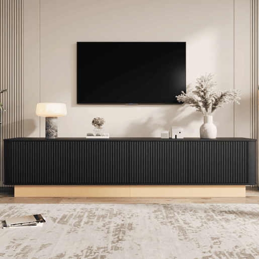 Móvel para TV de 200 cm - design canelado, 4 portas, grande capacidade de arrumação, prateleiras com altura ajustável, cantos arredondados, estilo minimalista moderno, MDF - preto Móvel para TV de 200 cm - design canelado, 4 portas, grande capacidade de arrumação, prateleiras com altura ajustável, cantos arredondados, estilo minimalista moderno, MDF - preto