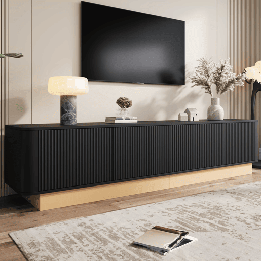 Móvel para TV de 200 cm - design canelado, 4 portas, grande capacidade de arrumação, prateleiras com altura ajustável, cantos arredondados, estilo minimalista moderno, MDF - preto Móvel para TV de 200 cm - design canelado, 4 portas, grande capacidade de arrumação, prateleiras com altura ajustável, cantos arredondados, estilo minimalista moderno, MDF - preto