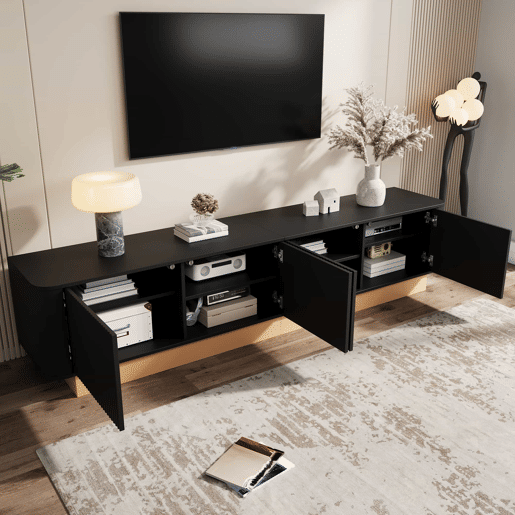 Móvel para TV de 200 cm - design canelado, 4 portas, grande capacidade de arrumação, prateleiras com altura ajustável, cantos arredondados, estilo minimalista moderno, MDF - preto Móvel para TV de 200 cm - design canelado, 4 portas, grande capacidade de arrumação, prateleiras com altura ajustável, cantos arredondados, estilo minimalista moderno, MDF - preto
