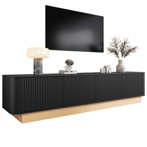 Móvel para TV de 200 cm - design canelado, 4 portas, grande capacidade de arrumação, prateleiras com altura ajustável, cantos arredondados, estilo minimalista moderno, MDF - preto Móvel para TV de 200 cm - design canelado, 4 portas, grande capacidade de arrumação, prateleiras com altura ajustável, cantos arredondados, estilo minimalista moderno, MDF - preto