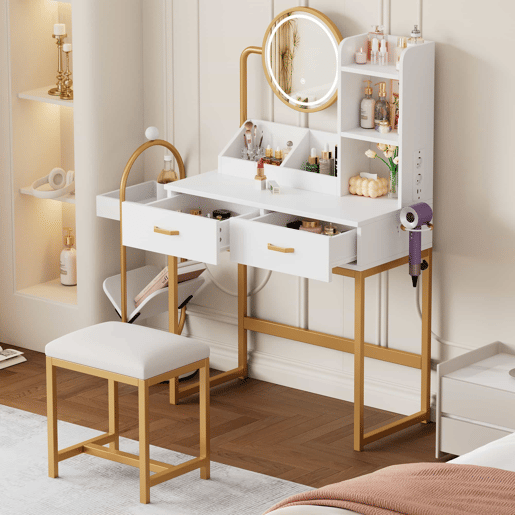 Penteadeira moderna 80 x 138,5 x 40 cm - com iluminação LED, espelho giratório, tomadas, banco, 2 gavetas e 2 prateleiras abertas, pés metálicos dourados - branco e dourado