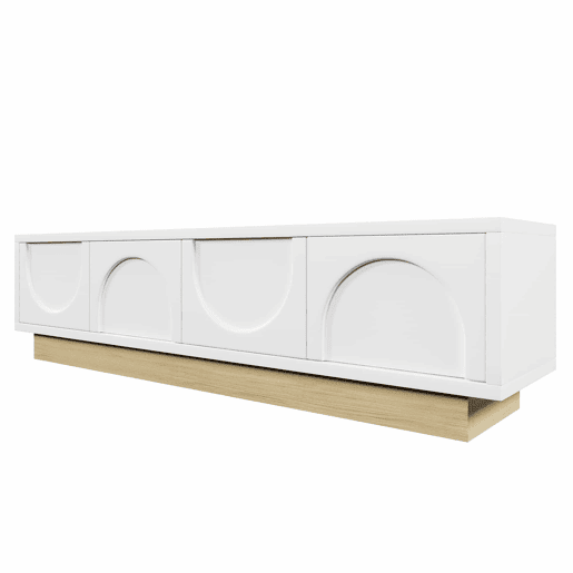 Móvel de TV moderno de 175 cm - design minimalista curvo, veios de madeira, amplo espaço de arrumação e organização de cabos - branco