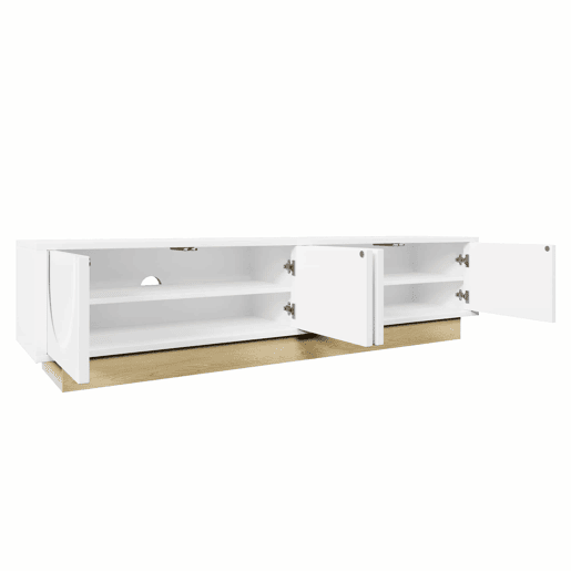 Móvel de TV moderno de 175 cm - design minimalista curvo, veios de madeira, amplo espaço de arrumação e organização de cabos - branco