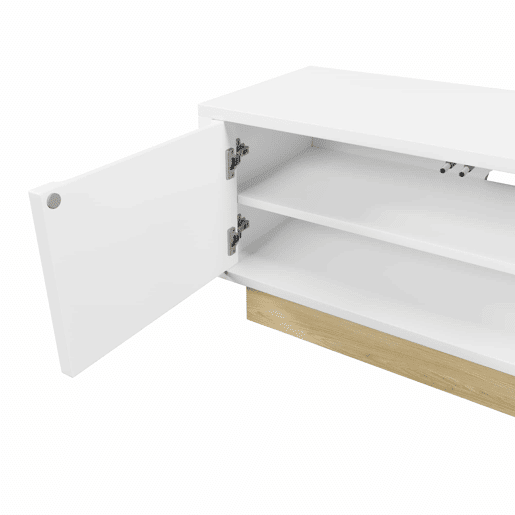 Móvel de TV moderno de 175 cm - design minimalista curvo, veios de madeira, amplo espaço de arrumação e organização de cabos - branco