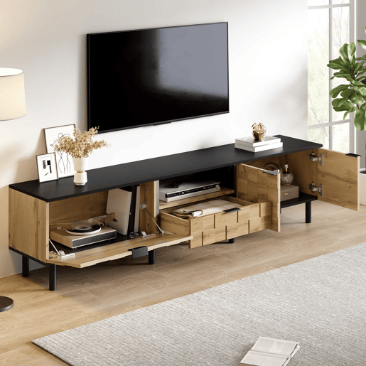 Móvel para televisão de 160 cm - 2 portas com gaveta, prateleira aberta, pés de metal, estilo madeira - Natural