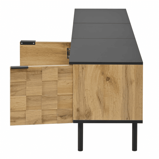 Móvel para televisão de 160 cm - 2 portas com gaveta, prateleira aberta, pés de metal, estilo madeira - Natural