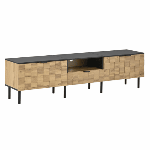 Móvel para televisão de 160 cm - 2 portas com gaveta, prateleira aberta, pés de metal, estilo madeira - Natural