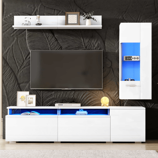 Conjunto de móveis para TV de 3 peças - até 80 polegadas - LED, alto brilho, vitrina e prateleira suspensa - branco