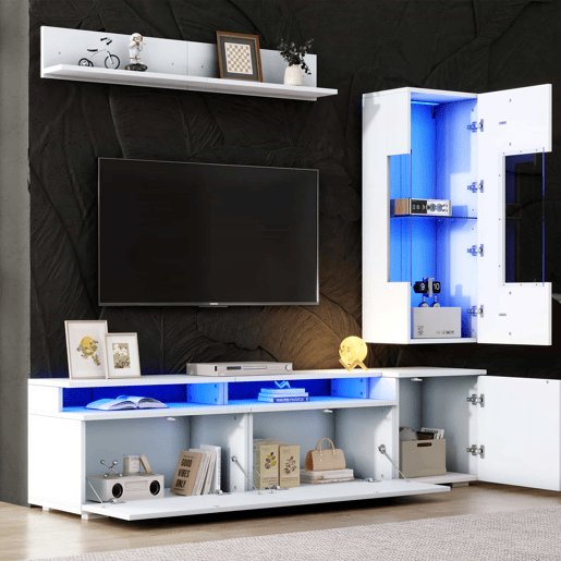 Conjunto de móveis para TV de 3 peças - até 80 polegadas - LED, alto brilho, vitrina e prateleira suspensa - branco