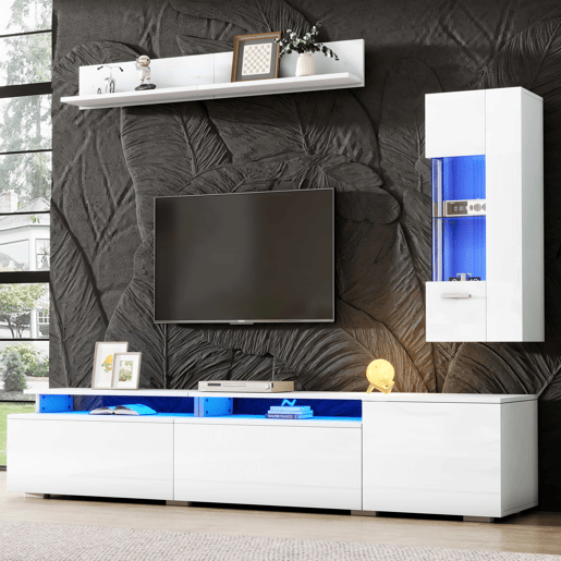 Conjunto de móveis para TV de 3 peças - até 80 polegadas - LED, alto brilho, vitrina e prateleira suspensa - branco