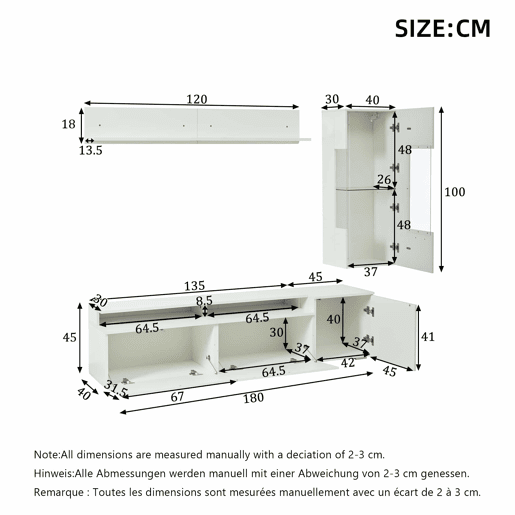 Conjunto de móveis para TV de 3 peças - até 80 polegadas - LED, alto brilho, vitrina e prateleira suspensa - branco