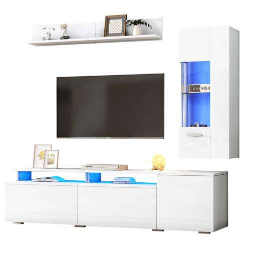 Conjunto de móveis para TV de 3 peças - até 80 polegadas - LED, alto brilho, vitrina e prateleira suspensa - branco