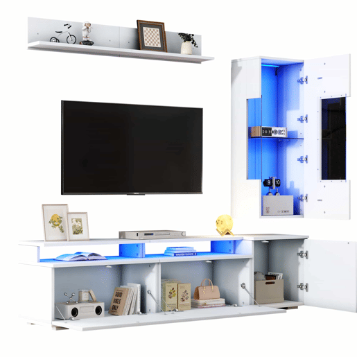 Conjunto de móveis para TV de 3 peças - até 80 polegadas - LED, alto brilho, vitrina e prateleira suspensa - branco
