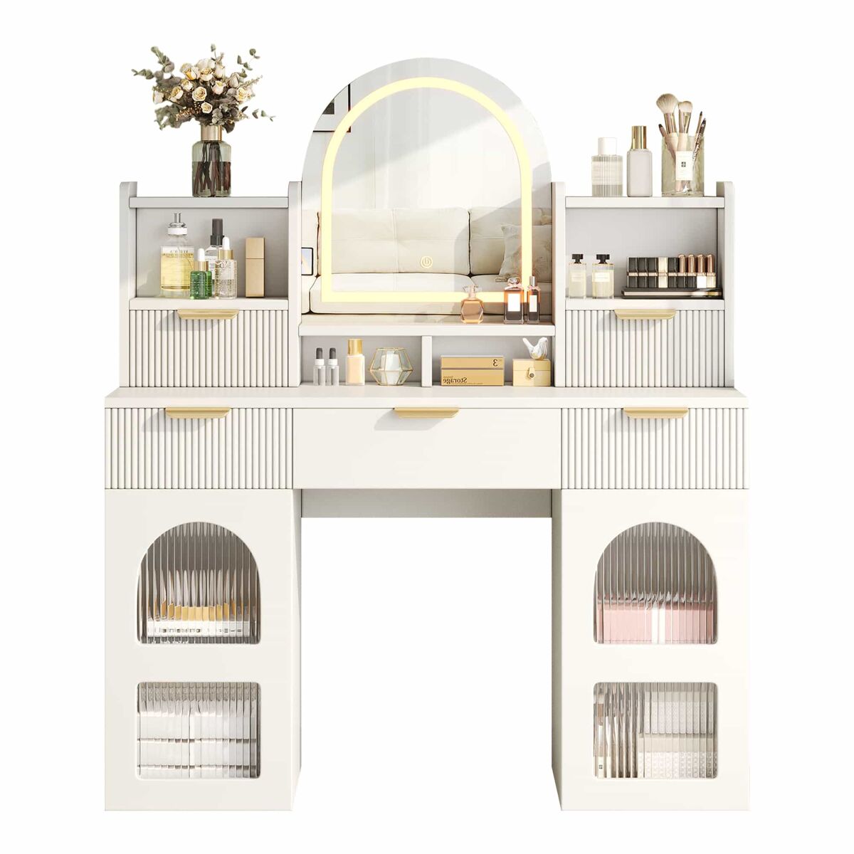 Tocador de maquillaje con led y espejo 120×40×139,5 cm - 3 cajones, 2 puertas de cristal, estantes, dormitorio - blanco