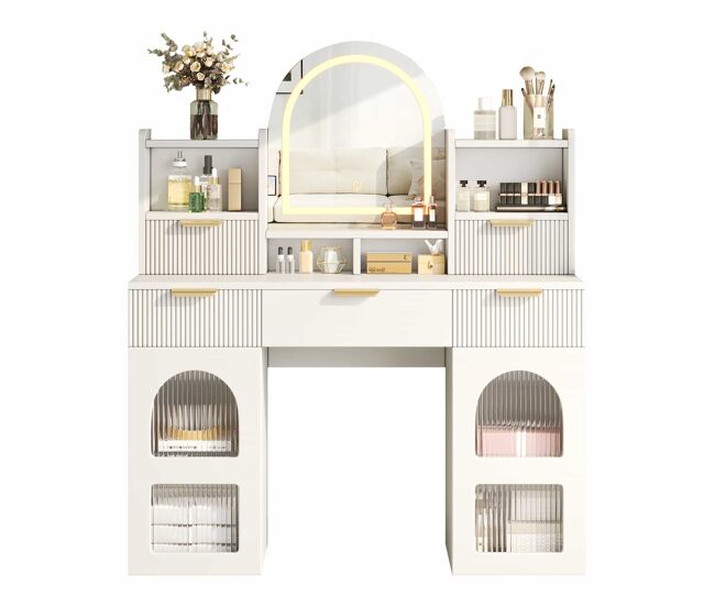 Tocador de maquillaje con led y espejo 120×40×139,5 cm - 3 cajones, 2 puertas de cristal, estantes, dormitorio - blanco