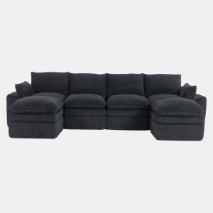 Sofá modular de 4 lugares - Inclui 2 pufes, almofadas e 2 bolsos laterais, espuma de 3 camadas + molas para uma rápida recuperação - Cor preta