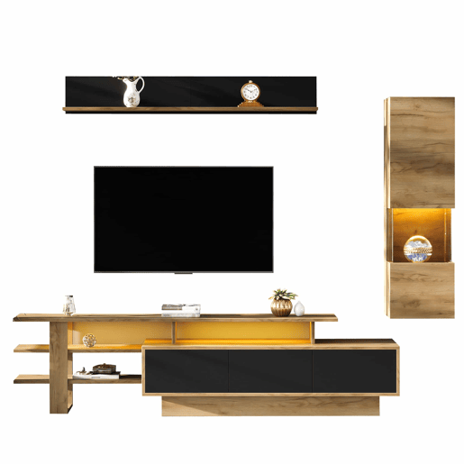 Conjunto de móveis para televisão de 3 peças para sala de estar, até 80 polegadas u2013 com LED, 3 gavetas, vitrina e prateleira suspensa u2013 preto e madeira natural