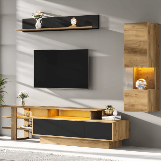 Conjunto de móveis para televisão de 3 peças para sala de estar, até 80 polegadas u2013 com LED, 3 gavetas, vitrina e prateleira suspensa u2013 preto e madeira natural
