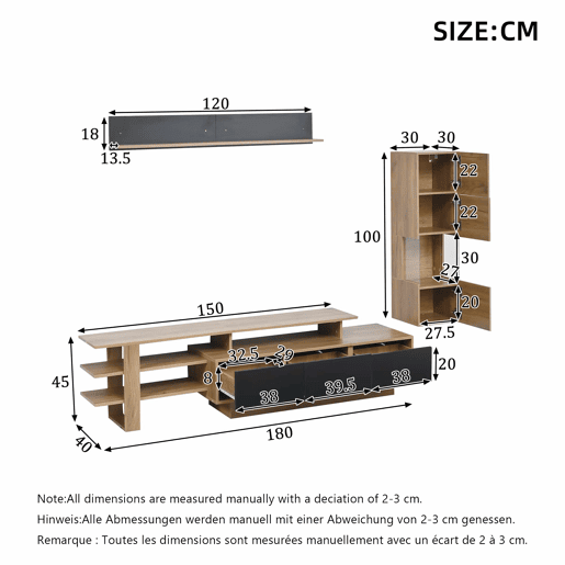 Conjunto de móveis para televisão de 3 peças para sala de estar, até 80 polegadas u2013 com LED, 3 gavetas, vitrina e prateleira suspensa u2013 preto e madeira natural
