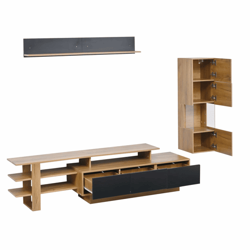 Conjunto de móveis para televisão de 3 peças para sala de estar, até 80 polegadas u2013 com LED, 3 gavetas, vitrina e prateleira suspensa u2013 preto e madeira natural