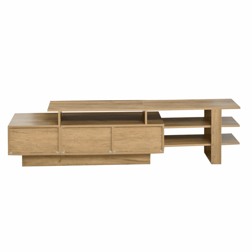 Conjunto de móveis para televisão de 3 peças para sala de estar, até 80 polegadas u2013 com LED, 3 gavetas, vitrina e prateleira suspensa u2013 preto e madeira natural