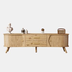 Móvel de TV de 180 cm - design orgânico tipo ervilha, frentes caneladas, 2 portas de correr e 2 gavetas, pés em madeira maciça, estilo escandinavo moderno - natural