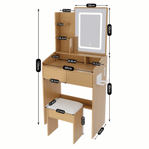 Penteadeira com espelho LED + banco 60x130x36 cm - com tomada, suporte para secador e assento almofadado - Madeira natural
