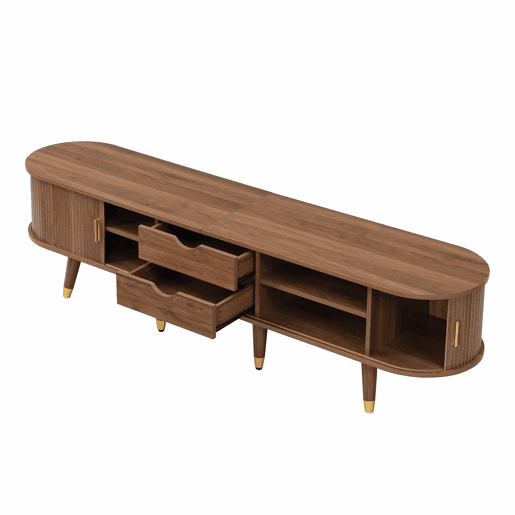 Conjunto de sala de estar de 2 peças u2013 mesa de centro com altura ajustável e móvel de TV com portas de correr, design com ranhuras verticais, pés em madeira, puxadores dourados e amplo espaço de arrumação u2013 cor nogueira Conjunto de sala de estar de 2 peças u2013 mesa de centro com altura ajustável e móvel de TV com portas de correr, design com ranhuras verticais, pés em madeira, puxadores dourados e amplo espaço de arrumação u2013 cor nogueira