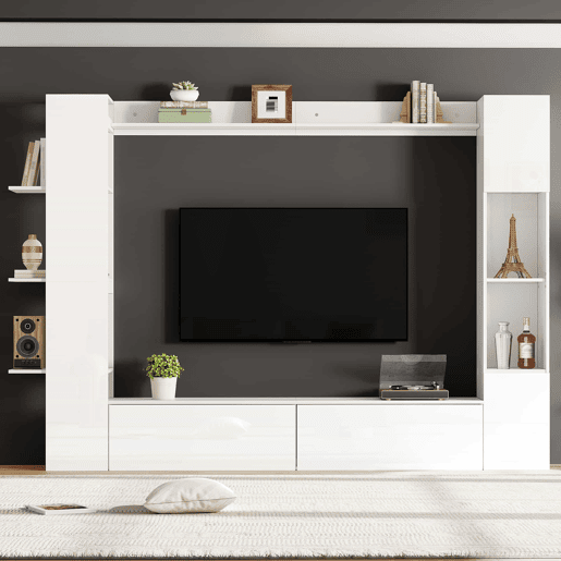 Conjunto modular de sala de estar de 4 peças - compacto com grande capacidade de arrumação, vitrina com porta reversível, móvel de TV e armário de arrumação para sala de estar - branco