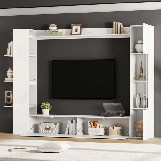 Conjunto modular de sala de estar de 4 peças - compacto com grande capacidade de arrumação, vitrina com porta reversível, móvel de TV e armário de arrumação para sala de estar - branco