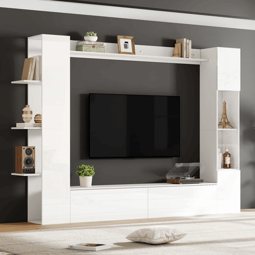 Conjunto modular de sala de estar de 4 peças - compacto com grande capacidade de arrumação, vitrina com porta reversível, móvel de TV e armário de arrumação para sala de estar - branco
