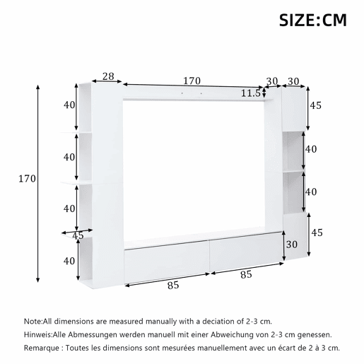 Conjunto modular de sala de estar de 4 peças - compacto com grande capacidade de arrumação, vitrina com porta reversível, móvel de TV e armário de arrumação para sala de estar - branco