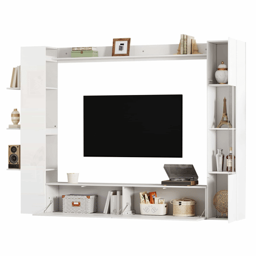 Conjunto modular de sala de estar de 4 peças - compacto com grande capacidade de arrumação, vitrina com porta reversível, móvel de TV e armário de arrumação para sala de estar - branco