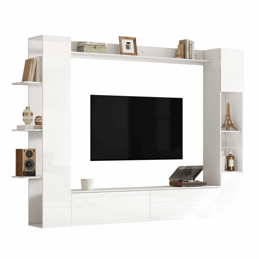 Conjunto modular de sala de estar de 4 peças - compacto com grande capacidade de arrumação, vitrina com porta reversível, móvel de TV e armário de arrumação para sala de estar - branco