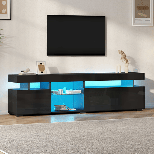 Móvel de TV baixo 180 x 35 x 45 cm - acabamento brilhante, 3 portas, prateleiras de vidro temperado ajustáveis, adequado para televisores até 80 polegadas, tampo em aglomerado - preto