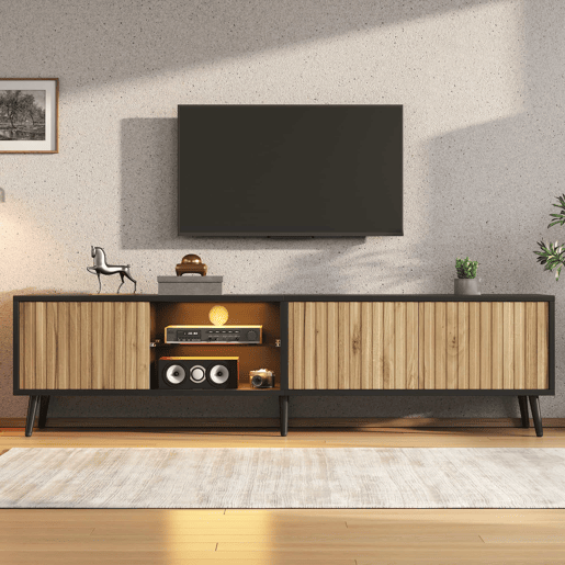 Móvel baixo para TV LED 175 x 31 x 43,5 cm - lowboard com 3 armários, vidro temperado, 6 pés de suporte, grande capacidade de arrumação, adequado para TV de 75 polegadas - madeira natural e preto
