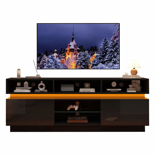 Móvel de TV tipo lowboard 160 x 35 x 60 cm - suporte para TV de ecrã plano com prateleira em vidro temperado, acabamento de alto brilho, iluminação LED, MDF, adequado para TVs de 60 polegadas - preto