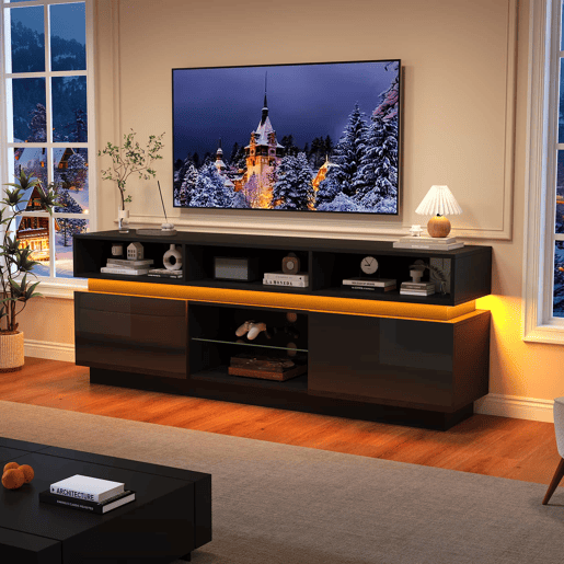Móvel de TV tipo lowboard 160 x 35 x 60 cm - suporte para TV de ecrã plano com prateleira em vidro temperado, acabamento de alto brilho, iluminação LED, MDF, adequado para TVs de 60 polegadas - preto