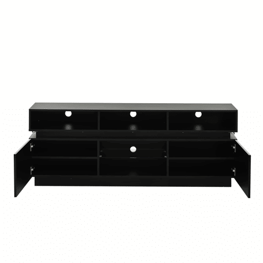 Móvel de TV tipo lowboard 160 x 35 x 60 cm - suporte para TV de ecrã plano com prateleira em vidro temperado, acabamento de alto brilho, iluminação LED, MDF, adequado para TVs de 60 polegadas - preto