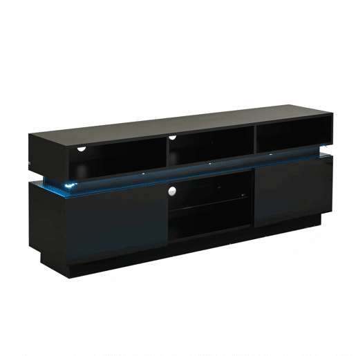 Móvel de TV tipo lowboard 160 x 35 x 60 cm - suporte para TV de ecrã plano com prateleira em vidro temperado, acabamento de alto brilho, iluminação LED, MDF, adequado para TVs de 60 polegadas - preto