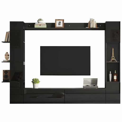 Conjunto de sala de estar modular de 4 peças - compacto com grande capacidade de arrumação, vitrina e porta reversível - preto