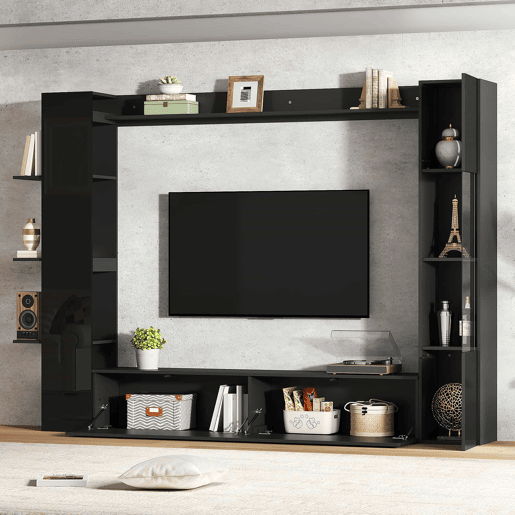 Conjunto de sala de estar modular de 4 peças - compacto com grande capacidade de arrumação, vitrina e porta reversível - preto