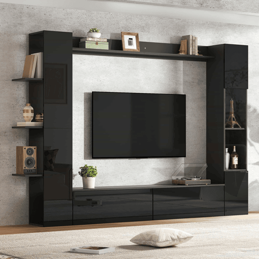 Conjunto de sala de estar modular de 4 peças - compacto com grande capacidade de arrumação, vitrina e porta reversível - preto