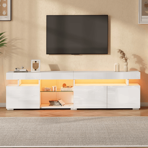 Móvel de TV baixo 180 x 35 x 45 cm - acabamento de alto brilho, 3 portas, prateleiras de vidro temperado ajustáveis, compatível com televisores até 80 polegadas, tampo em aglomerado - branco