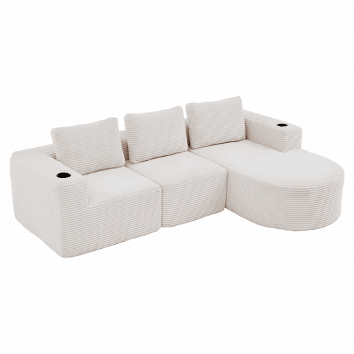 Sofá de 3 lugares, 258 cm - compacto, com 3 almofadas e porta-copos - bege