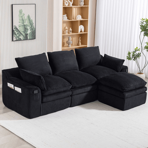 Sofá modular de 3 lugares - Inclui almofadas e 2 bolsos laterais, espuma de 3 camadas + molas para recuperação rápida, combinável à vontade - Preto Sofá modular de 3 lugares - Inclui almofadas e 2 bolsos laterais, espuma de 3 camadas + molas para recuperação rápida, combinável à vontade - Preto