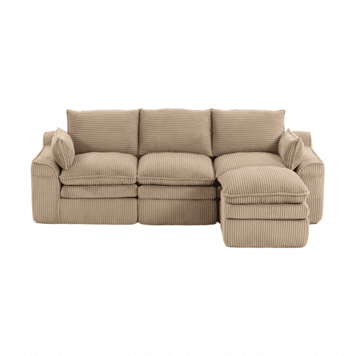 Sofá modular de 3 lugares em veludo cotelê com otomana - espuma de 3 camadas e molas, almofadas incluídas, bolsos laterais, design modular combinável, recuperação rápida - cáqui