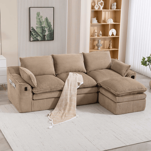 Sofá modular de 3 lugares em veludo cotelê com otomana - espuma de 3 camadas e molas, almofadas incluídas, bolsos laterais, design modular combinável, recuperação rápida - cáqui